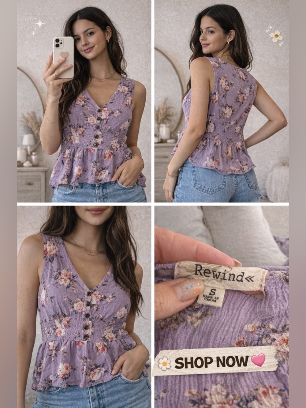 Rewind floral peplum top in a dreamy lavender/purple print